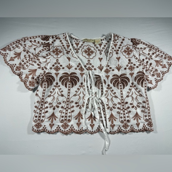 Rebellion Tops - Rebellion White Crop Top with Brown Floral Embroidery and Front Tie boho S/M